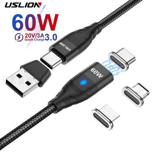 USLION 2 in 1 PD 60W Fast Charger Cable USB C To Type C Micro Magnetic Data Cord for iPhone 13 Pro Max Xiaomi 12 Samsung Poco X4