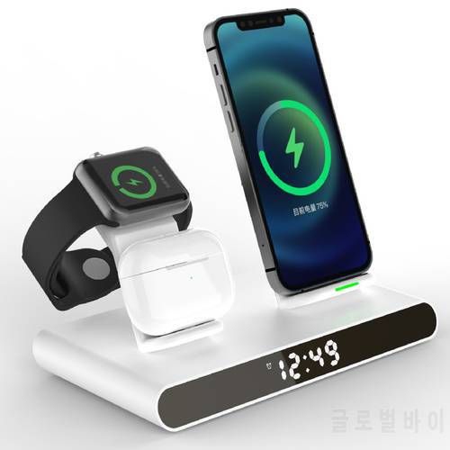 Qi 3 in 1 Wireless Charger Alarm Clock Pad For iPhone 13 12 Pro Max iWatch AirPods Fast Charging Station Dock Wireless Chargers