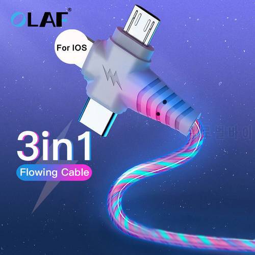 3in1 Flow Luminous Led Lighting Usb Cable For iPhone 13 12 11 Pro Max Micro USB Type C Cable Charger Wire Cord For Huawei Xiaomi