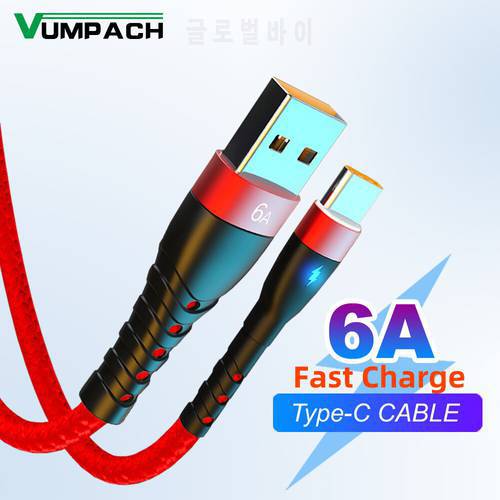 Vumpach 6A 66W USB Type C Cable For Huawei P50/Honor Fast Charging USB C Charger Cable LED Indicator Data Cord Xiaomi Samsung