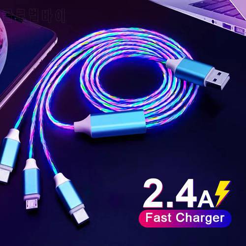 3in1 Flow Luminous usb cable for iphone iPhone 13 12 11 Pro 3 in 1 Xiaomi Type C Cable for Huawei Samsung charging wire cord