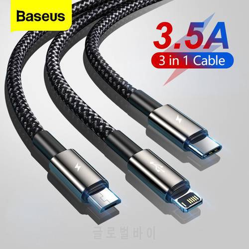 Baseus 3 in 1 USB Cable for iPhone 13 12 11 Pro Max Fast Charging USB Type C Phone Cable for Huawei Xiaomi Samsung Micro Charger