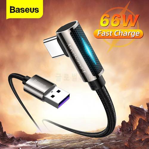 Baseus LED USB Type C Cable 90 Degree Fast Charging Cable For Xiaomi mi Huawei Samsung 66W 5A USB C Mobile Phone Data Wire Cord
