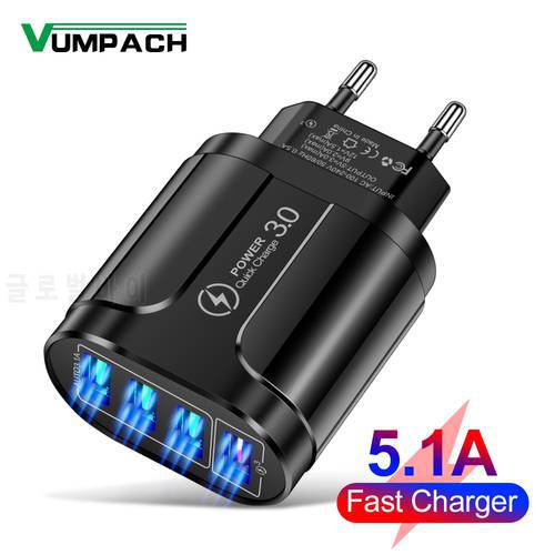 EU US Plug 4 USB 45W USB Charger Fast Charge QC 3.0 Wall Charging For iPhone 12 11 Samsung Xiaomi Mobile 4 Ports Adapter Travel