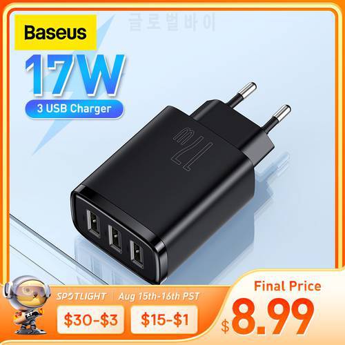 Baseus 17W USB Charger Universal Portable 3 Ports Travel Wall Adapter Portable Charger Safe Charging For iPhone Xiaomi Samsung