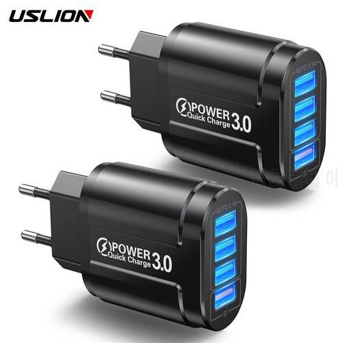 USLION 2 PCS 48W USB Charger Fast Charge QC 3.0 Wall Charging For iPhone 13 Samsung Xiaomi Mobile 4 Ports EU Plug Adapter Travel