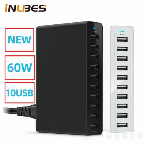 60W Fast 10 Ports USB Charger for iPhone iPad Kindle Samsung Xiaomi Charging Station Dock Multi USB Charger Desktop with Cable