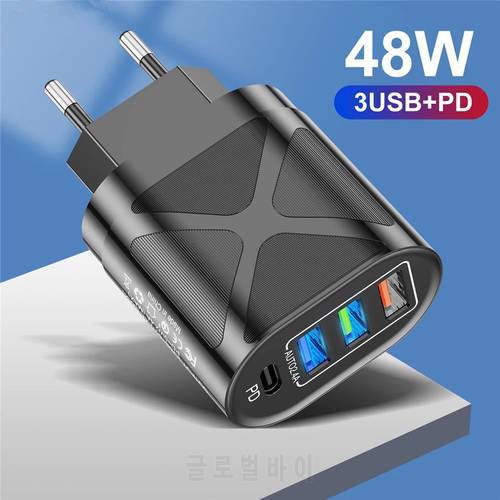 48W USB Charger Fast Charge QC 3.0 Wall Charging For iPhone 13 12 11 Samsung Xiaomi Mobile 4 3 Ports EU US Plug Adapter Travel