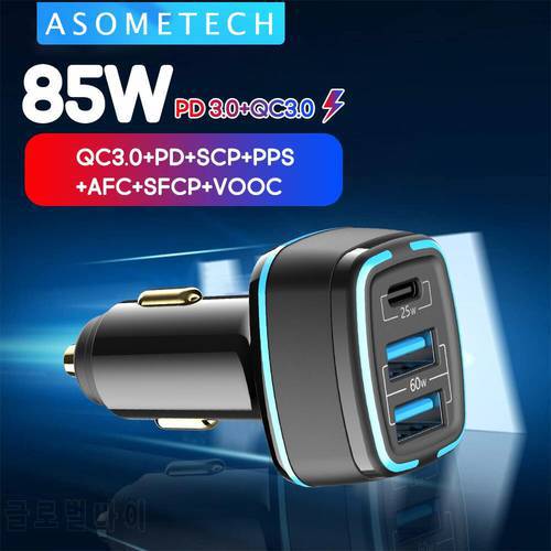 85W LED Car Charger USB Type C 3Port PPS SCP AFC PD QC3.0 Quick Charger For Laptop Car Phone Charger For iPhone Huawei Samsung