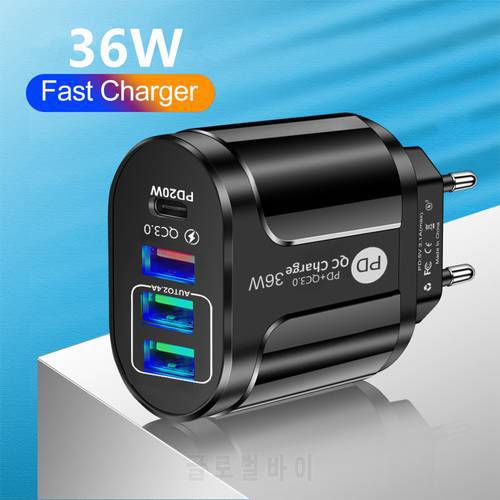 Mobile Phone Charges PD36W QC3.0 2.4A Dual USB Fast Charging Multi Port USB Travel Charger PD Charging Head For iPhone 13 12