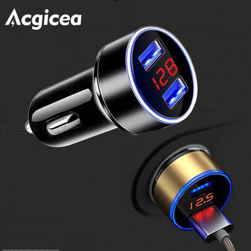 Acgicea Car Charger For Cigarette Smart Phone USB Adapter Mobile Phone Charger Dual USB Digital Display Voltmeter Fast Charging