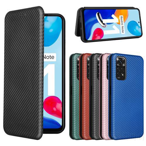 For Redmi Note 11S Case Carbon Fiber Flip Leather Case For Xiaomi Redmi Note 11 S Business Magnetic Wallet Card Slot Slim Cover
