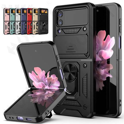 For Samsung Galaxy Z Flip 4 3 Case with Stand Kickstand Ring Magnetic and Camera Military Grade Shockproof Protective Cover