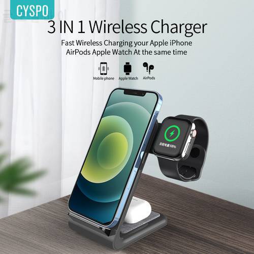 CYSPO 15W QI 3 In 1 Wireless Charger Dock Station For Iphone 13/12/11 Foldable Charger Stand For Apple Watch 7/6 Airpods Pro