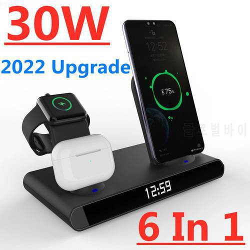 6 in 1 30W Wireless Charger Station For iPhone 13 12 11 Pro Max Mini Fast Charging for Apple Watch 7-1 Airpods Pro with Clock