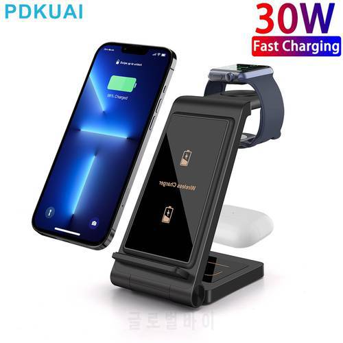 30W Wireless Charger Stand For Apple Watch 8 6 SE 5 Airpods Pro 3 IN 1 Fast Charging Dock Station For iPhone 14 13 12 11 XR X 8
