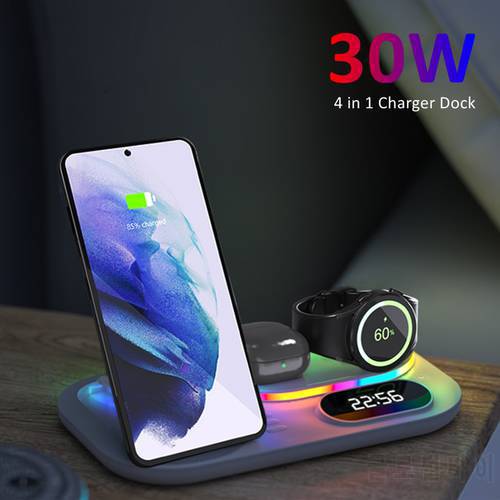 Upgrade LED Wireless Charging Station 30W 4 in 1 Wireless Charger Compatible with Samsung Galaxy S21/S20 Note 20 Watch 5 4/Buds