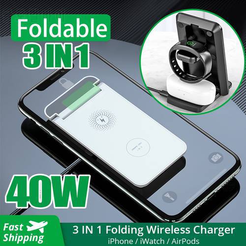 40W 3 in 1 Qi Fast Wireless Charger Stand For iPhone 13 12 11 Airpods Pro Apple Watch iWatch 6 7 Foldable Charging Dock Station