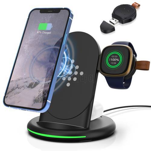 3 in 1 Wireless Fast Charger Stand For iPhone Samsung Fitbit Fast Charging For Fitbit Sense/Versa 3 Watch For Airpods Charger