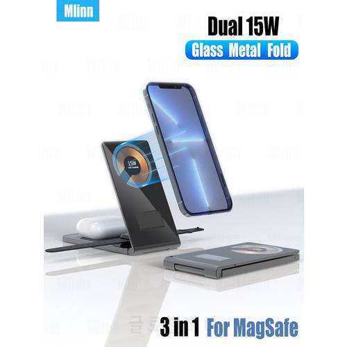 3 in 1 Magnetic Wireless Charger Fold Stand Aluminum Glass Body Dual 15W Fast Charge For MacSafe Iphone 13 12 Samsung S22 Xiaomi