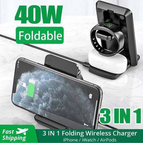 3 In 1 40W Wireless Charger Foldable Stand Pad Qi Fast Charging for iPhone 13 12 iWatch Airpods Pro Samsung S21 S20 Quick Charge