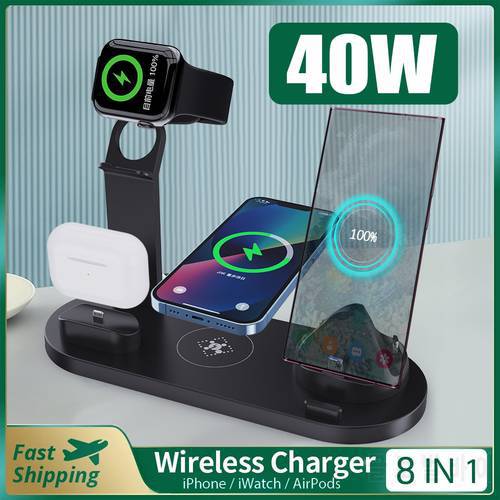 8 in 1 Wireless Charger Stand Dock for Apple Watch 7 6 5 4 3 iPhone 13 12 11 Xs Xr 8 Airpods Pro Wireless Fast Charging Station