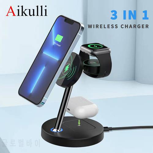 3 in 1 Magnetic Wireless Charger Stand 15W Fast Charging Station for iPhone 14/13/12/Pro Max/Mini Apple Watch 7/SE AirPods 3/Pro