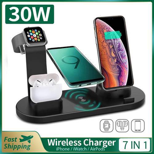 30W 7 in 1 Wireless Charger Stand Pad For iPhone 14 13 12 11 X Apple Watch Fast Charging Dock Station for Airpods Pro iWatch 7 6