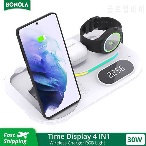 LED Digital Clock 4 in 1 Wireless Charger Folding for Samsung S22/S21 Qi 30W Wireless Chargers Station for Galaxy Watch/Earbuds