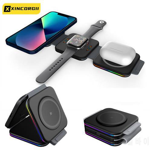 Foldable 3 In 1 Magnetic Wireless Charger Pad Qi 15W For Iphone 14/13/12/11 Pro Max Iwatch 7/6/5 Airpods LED Charging Station