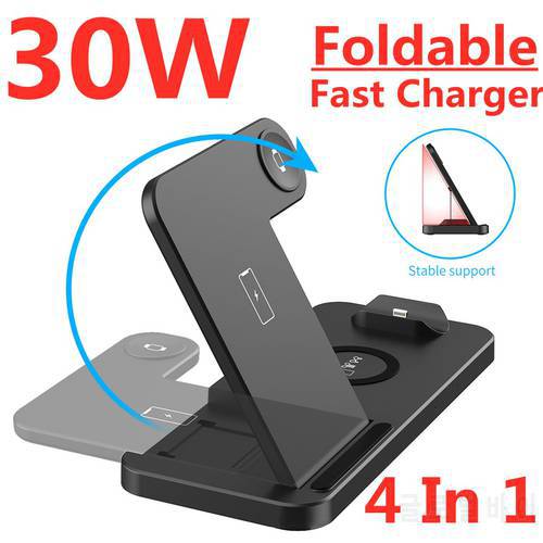 30W 4 in 1 Fast Wireless Charger Stand For iPhone 13 12 11 Airpods Pro Apple Watch iWatch 6 7 Foldable Charging Dock Station