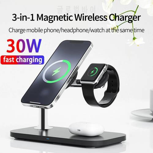 3 in 1 Magnetic Wireless Charger 30W Fast Charging For iPhone 12 13 14 Pro Max Samsung Apple Watch Airpods Pro Dock Station