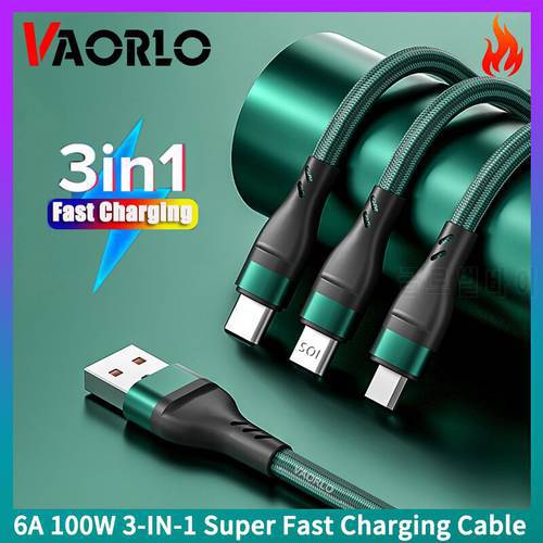 VAORLO 6A 100W Super Fast Charging Cable 3 In 1 Nylon Braided Data Cable IOS/Micro USB/Type-C For iPhone Xiaomi Huawei Samsung