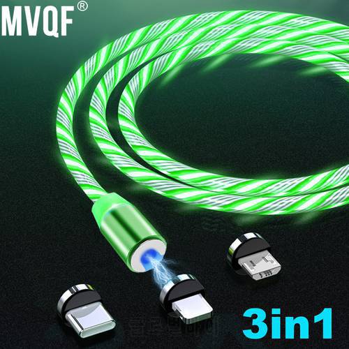 MVQF 3in1 Magnetic Flow Luminous Lighting Charging Mobile Phone Cables Cord Charger Wire for Xiaomi LED Micro USB C for Iphone