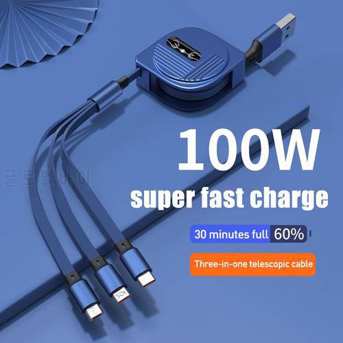 3 In1 USB Charge Cable for Samsung Xiaomi Micro USB 100W Type C Cable Retractable Fast Charging Cable For iPhone 13 Pro Max 1.2m