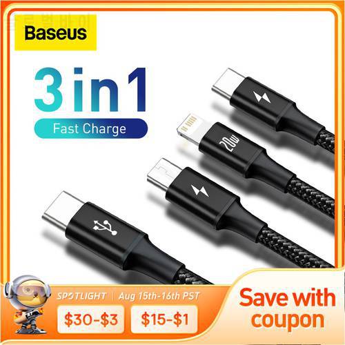 Baseus 20W PD 3 in 1 USB Type C Cable for iPhone 12 11 Xs Max Charger Cable for MacBook iPad Pro Samsung Xiaomi Micro USB Cable