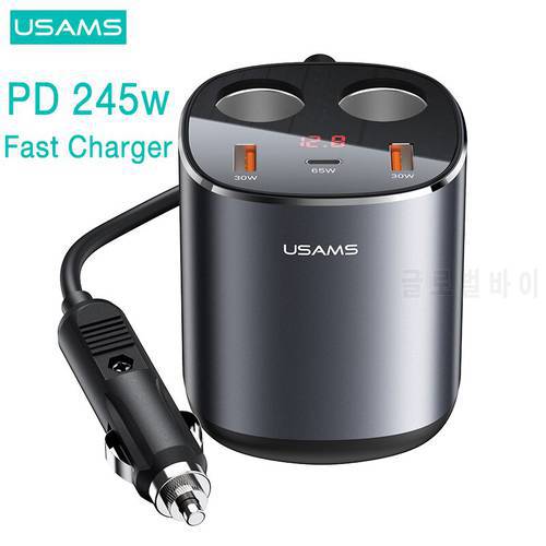 USAMS C28 Digital Display 245W Car Charger USB Type C 3 Ports And Dual Cigarette PD QC Fast Charging For iPhone Xiaomi Huawei