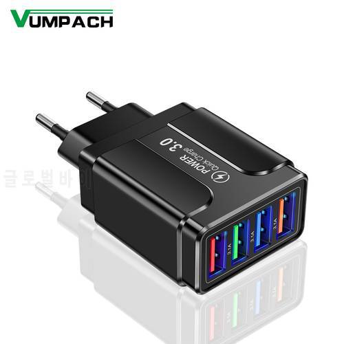 4 Ports Quick Charge 3.0 Wall Fast Charger Adapter Micro USB Fast Data Sync Charger Cable for Samsung Xiaomi Huawei Mobile Phone