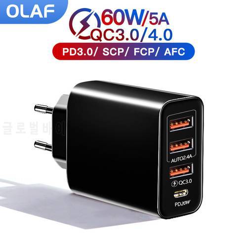 Olaf 60W USB C Charger Quick Charge 4.0 3.0 4 Ports Wall PD Type C Fast Charge Charger for iPhone Xiaomi Samsung