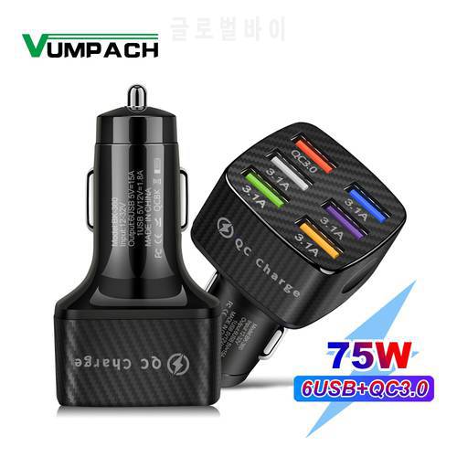 Vumpach 75W Car Charger Quick Charge 3.0 6 Ports USB Charger For iPhone 13 12 Pro Samsung Xiaomi Portable Mobile Phone Charger