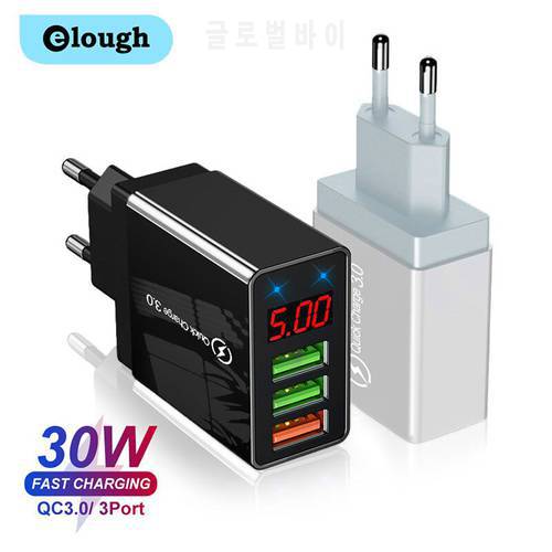 Elough 3 Ports USB Quick Charger 30W 5V/3A Digital Display Mobile Phone Fast Charging for iPhone Xiaomi Poco x3 EU Wall Charger
