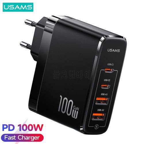 USAMS T44 100W GaN Charger Quick Charge 4 in 1 Adaptor PD QC Fast Charger For Phone Charger iPhone Huawei Samsung Xiaomi Laptop