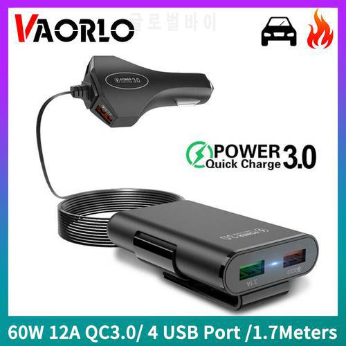 VAORLO 60W 12A QC3.0 Fast Car Charger 4 Port USB Hub Extending 1.7m/5.6ft Extension Cable Passenger Front Back Car Fast Charging