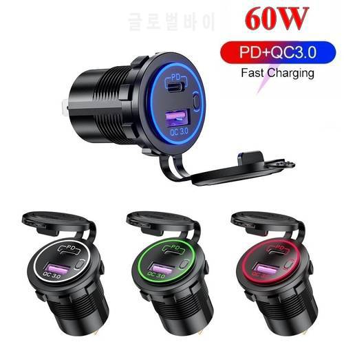 60W USB Car Charger PD Type C QC 3.0 Fast Charging Power With Switch USB Car Charger Universal Motorcycle Car Truck RV ATV Boat