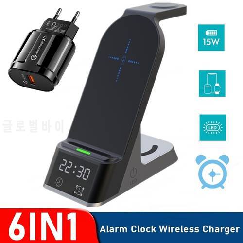 6in1 Alarm Clock Wireless Charger For Apple Watch Airpods Pro 15W Fast Charging Dock Station For Iphone 8 XS 11 12 13 Pro MAX