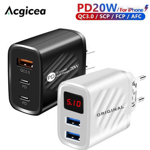 20W PD USB Charger Digital Display Quick Chargers QC3.0 Cellphone Wall Charger Adapter Fast Charge For iPhone Xiaomi Huawei ipad