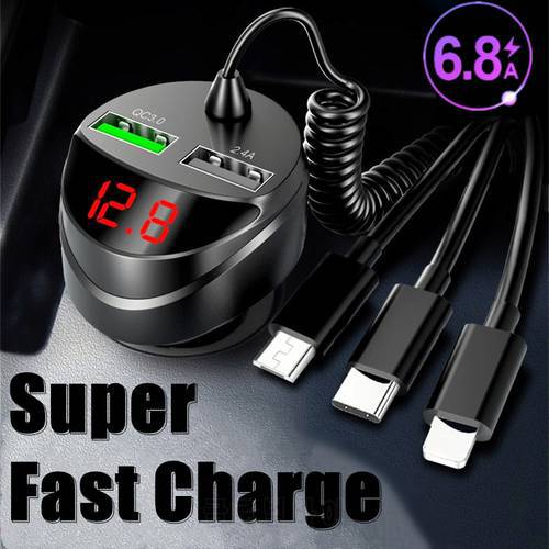 QC 3.0 Quick Car Charger With 3 in 1 USB Cable For iphone 12 11 Samsung Xiaomi Huawei Micro USB Type C Fast Phone Charge Charger