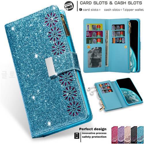 Bling Glitter Leather Case For Samsung Galaxy Note 20 Ultra 10 9 8 S22 S21 S20 FE S10 S9 S8 Plus S7 Zipper Wallet Card Bag Cover