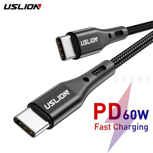 USLION PD 60W USB C To USB Type C Cable for Macbook Pro Quick Charge 3.0 Fast Charging Cord Type C Cable For Xiaomi Samsung S21