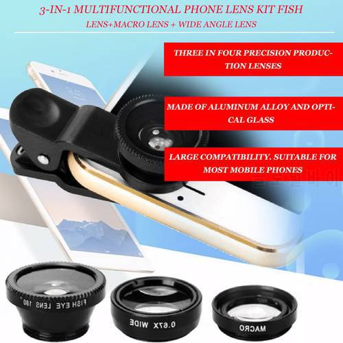 3 in 1 Fish Eye Lens Wide Angle Macro Fisheye Lens 0.67x Zoom With Clip For iPhone Huawei Smart Phone Camera Lens Kit